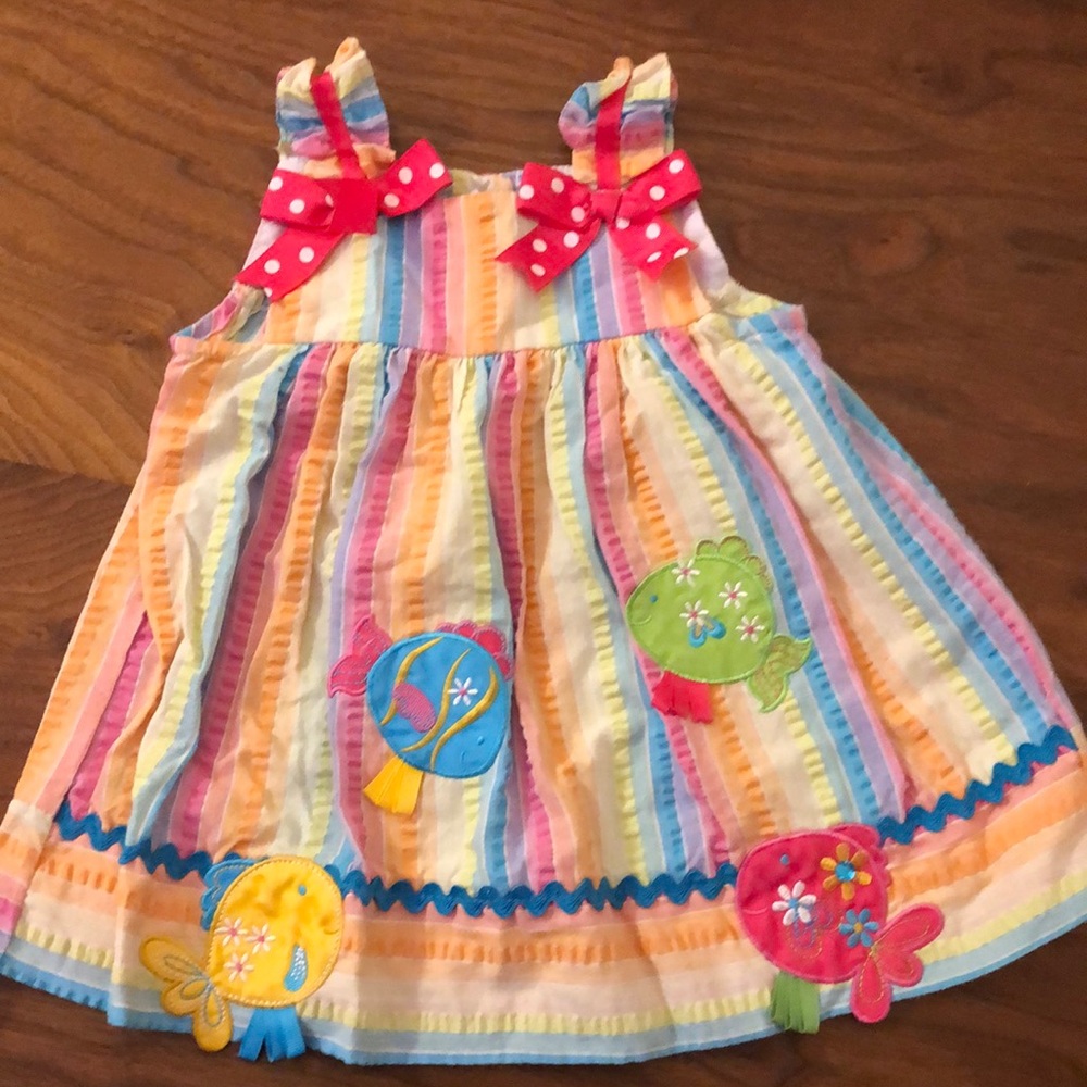 Rare Editions seersucker dress with tropical fish appliqués